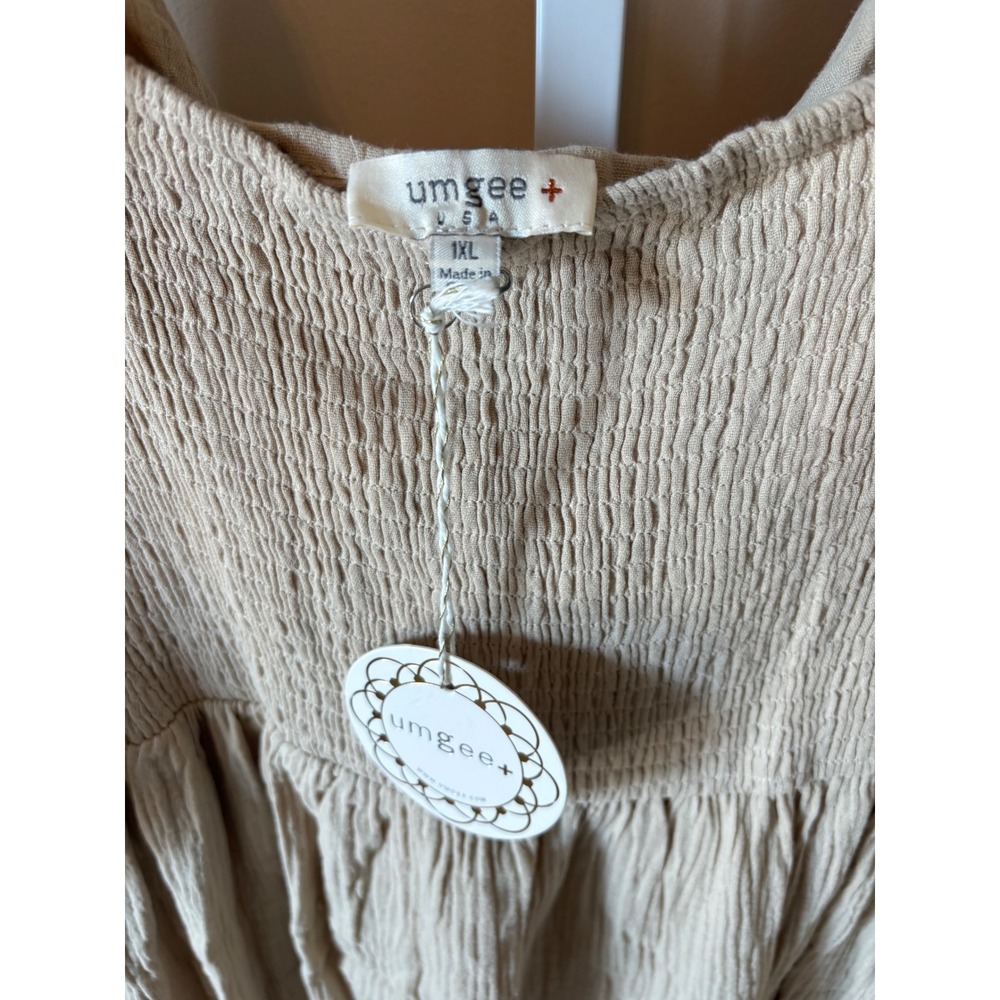 Umgee USA Plus Size 1XL Smocked Ruffle Gauze Babydoll Dress Beige Boho 3/4 Slv - Picture 2 of 7